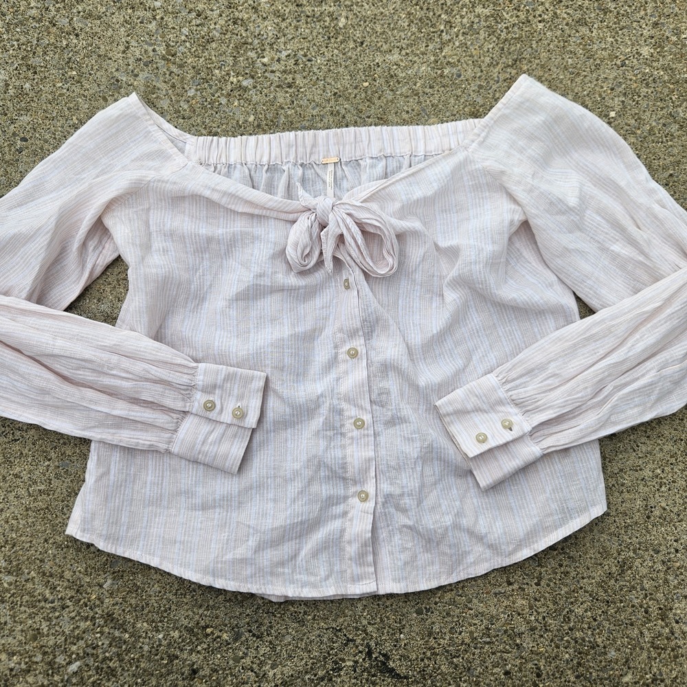 Free People Linen Tie‎ Front Button Boho Feminine Blouse Womens XS Pink Blush